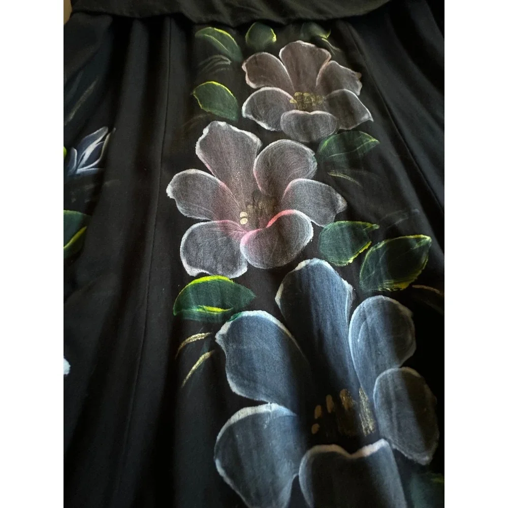 Phoenix‎ Vintage Hand Painted Floral Black Midi Dress Shoulder Pads Tie Waist OS